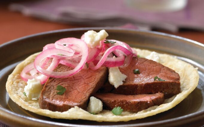 Adobo Beef Tacos with Pickled Red Onions