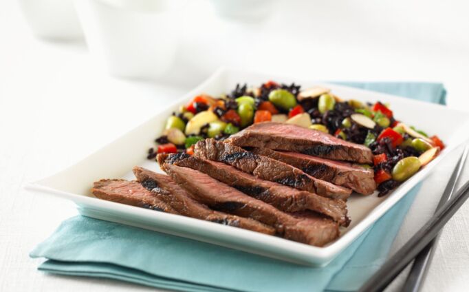 Asian-Spiced Steak with "Forbidden" Rice and Vegetable Salad