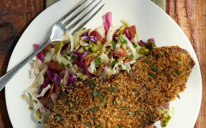 Bavarian Beef Schnitzel with  Warm Tangy Slaw
