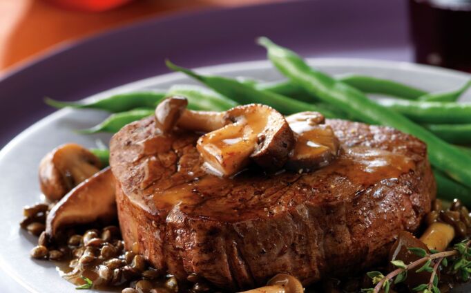 Beef Tenderloin Steaks with Mushroom Sauce and Lentils