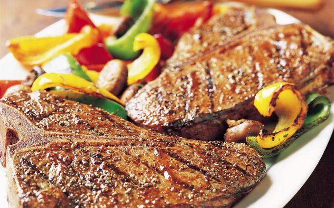 T-Bone Steaks with Grilled Vegetables and Steak Sauce