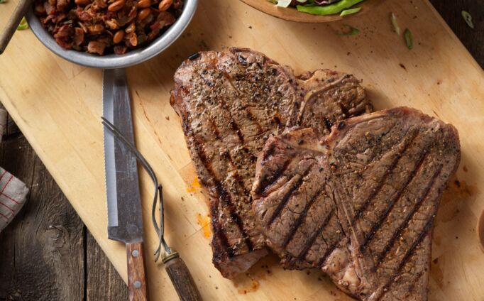 Rocky Mountain Grilled T-Bone Steaks with Charro-Style Beans